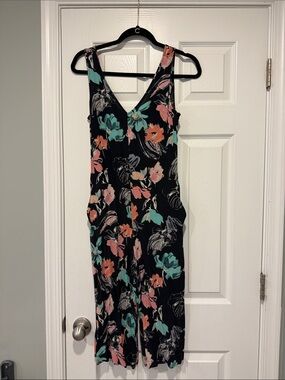Black Floral Jumpsuit with Coral and Teal Accents